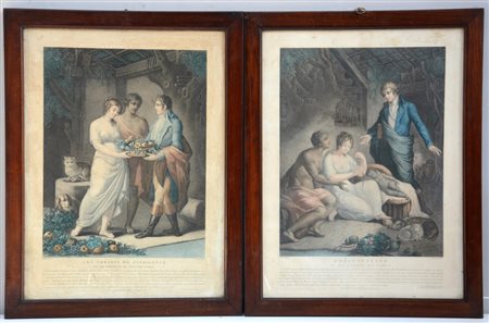 "Scene neoclassiche" coppia di antiche acquetinte a colori (cm 60x44). In...