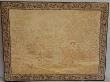 Ricamo a piccolo punto raffigurante scena di esterno con giochi di ragazzi...