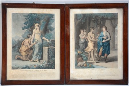 "Scene neoclassiche" coppia di antiche acquetinte a colori (cm 60x44). In...