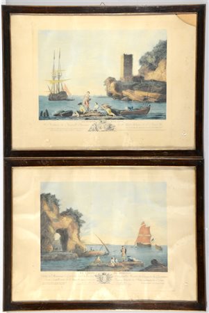"Marine" coppia di antiche incisioni a colori tratte dall' opera di Vernet...