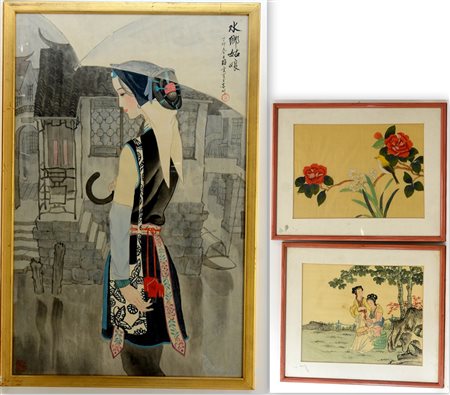 Lotto composto da tre tecniche miste, su tessuto e carta, di soggetto...