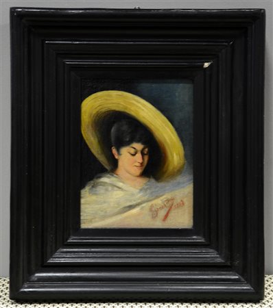 Grazzini "Ritratto di ragazza con cappello" olio su tela (cm 21x16) firmato e...