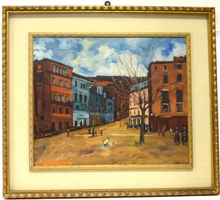 Balconi A. "Piazza", olio su tela (cm 50x60) firmato in basso a sinistra, in...