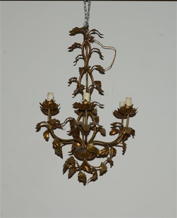 Lampadarietto a sei luci in metallo dorato decorato a fiori e foglie