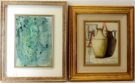 Firme indecifrate, "Vasi" e "Figura", lotto di due dipinti di tecniche e...