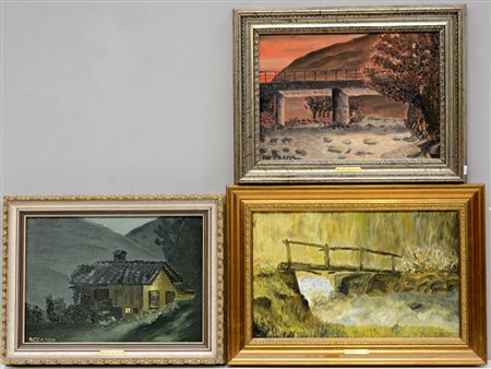 Riccardo Stoppa Lotto di tre dipinti ad olio raffiguranti paesaggi, di...
