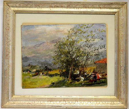 Attilio Melo Padova (1917- 2012) "Paesaggio montano", olio su carta incollato...