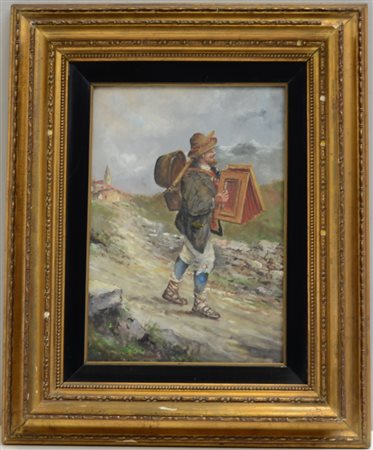 Firma indecifrata "Paesaggio montano con suonatore" olio su masonite (cm...