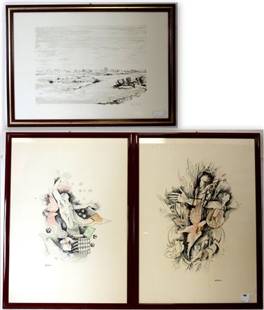 Lotto di tre litografie di autori differenti (cm 70x40), in cornici