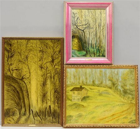 Riccardo Stoppa Lotto di tre dipinti ad olio raffiguranti paesaggi boschivi,...