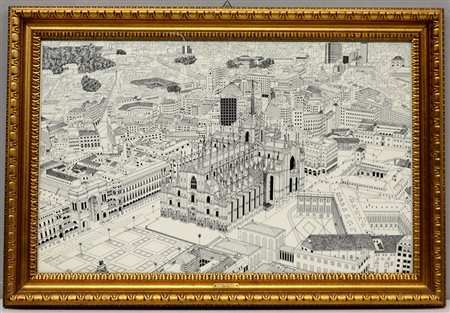 Riccardo Stoppa "Piazza del Duomo di Milano", china nera su cartoncino (cm...