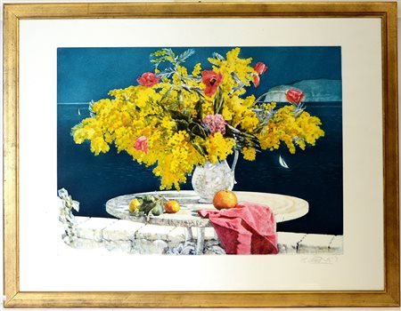 Firma indecifrata, "Vaso di fiori sul mare", litografia p.a. (cm 59x79)...