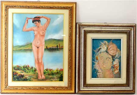 Lotto di due dipinti ad olio raffiguranti figure femminili, di autori,...
