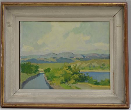 Ignoto "Paesaggio lacustre" olio su cartone telato (cm 30x40) In cornice