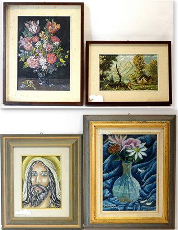 Lotto i quattro dipinti di soggetto, autori e misure differenti, in cornici...