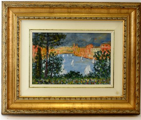 Ignoto "Portofino" olio su tela (cm 20x30) iscritto "Michele Cascella" in...