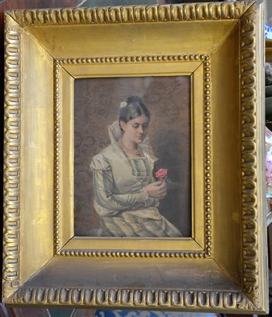 Ignoto "Fanciulla con fiore" tecnica mista su carta (cm 27x20). In cornice