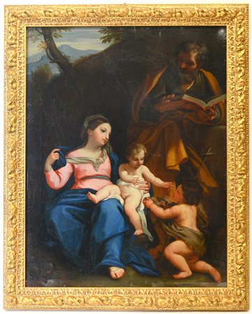 Scuola del sec. XVIII - "Sacra famiglia con san Giovannino", olio su tela (cm...