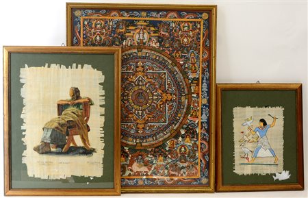 Lotto composto da due tecniche miste su papiro e una su carta di soggetti e...
