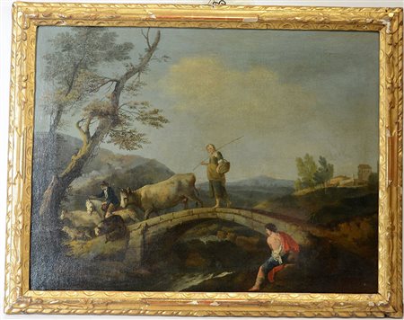 Scuola del sec. XVIII, "Paesaggio fluviale con viandanti", olio su tela (cm...