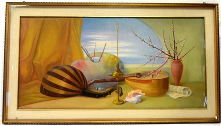 Firma indecifrata, "Natura morta con mandolini", olio su tela (cm 60x120)...