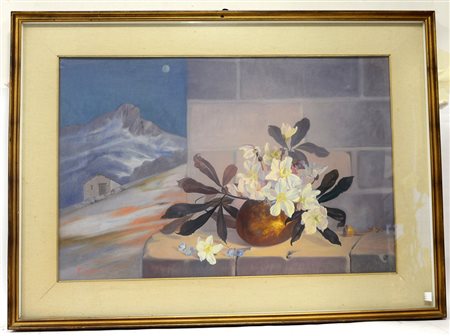 Firma indecifrata, "Paesaggio montano con vaso di fiori", olio su tela...