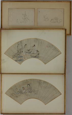 Lotto composto da due due disegni per pagine di ventaglio a tecnica mista su...