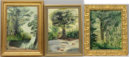 Riccardo Stoppa Lotto di tre dipinti ad olio su tela raffiguranti paesaggi...