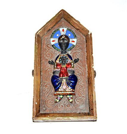 Icona orientale in metallo e smalti raffigurante Madonna con Bambino entro...