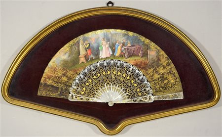 Arte del secolo XIX. Ventaglio con stecche in madreperla traforata e...