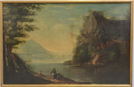 Ignoto. "Paesaggio lacustre con figure" olio su tela (cm 70x107). In cornice