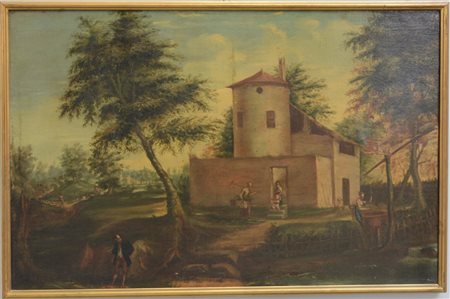 Ignoto. "Paesaggio con contadini" olio su tela (cm 70x107) In cornice (difetti)