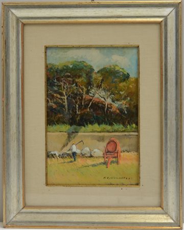 Nello Giovannelli Livorno (1922- 1996) "Paesaggio con contadino" olio su...