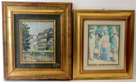 Lotto di due dipinti ad olio di autori differenti raffiguranti figure e uno...