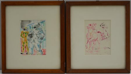 Ignoto "Cavalli" e "Maschere" coppia di tecniche miste su carta (cm 16x11,5)...