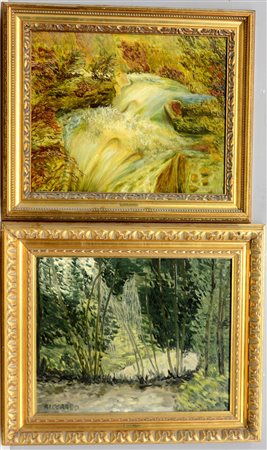 Riccardo Stoppa Lotto di due dipinti ad olio raffiguranti paesaggi, misure...