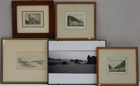 Cartone contenente undici tra stampe e dipinti in cornici, misure diverse...