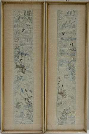 Arte cinese, fine sec. XIX. Coppia di tessuti raffiguranti personaggi e...