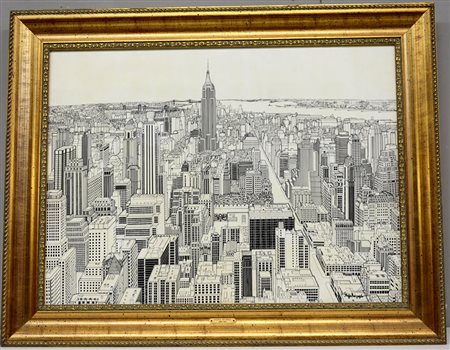 Riccardo Stoppa "Veduta di New York", china nera su cartoncino (cm 48x67), in...