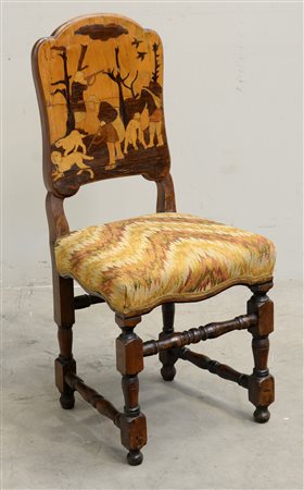 Sedia a rocchetto con schienale intarsiato a scena di caccia