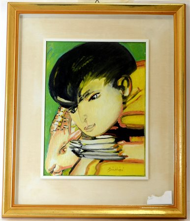 Brindisi "Pastorello", olio su tela (cm 40x30) firmato in basso a destra ed...