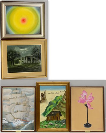 Riccardo Stoppa Lotto di cinque quadri di soggetto, tecnica e misure...