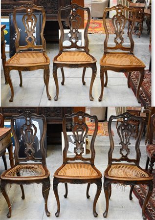 Gruppo di sei sedie con schienale a giorno e cartella traforata fascia e...