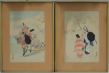 Manifattura orientale. Coppia di incisioni a colori raffiguranti scene di vita