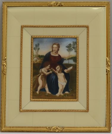 Firma indecifrata "Madonna con Bambino e San Giovannino" da Raffaello, olio...