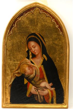 Dipinto dall'antico riproducente la "Madonna con Bambino", tecnica mista su...