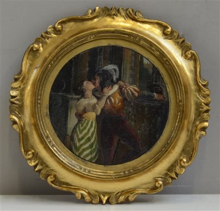 Scuola del sec. XIX "Romeo e Giulietta" olio su cartone tondo (d. cm 16) In...