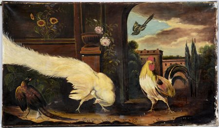 Ignoto "Pavone, gallo e fagiano", olio su tela (cm 73x124) (difetti)