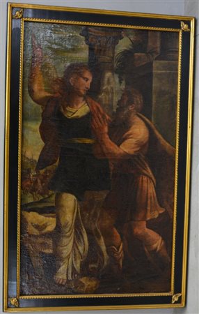 * Ignoto "Scena religiosa con figure e cavalieri" olio su tela (cm 195x83) in...