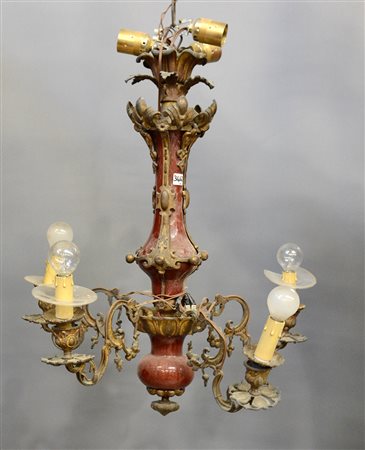 Lampadario a cinque fiamme in bronzo, corpo in vetro (h cm 60) (difetti e...